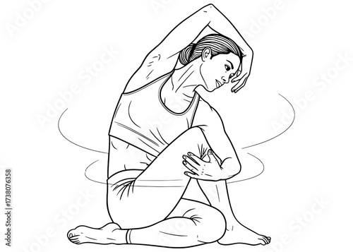 Woman practicing a seated side bend yoga pose for spinal flexibility. Black and white line art illustration for wellness, fitness, and a healthy lifestyle concept.

