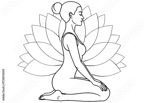 Woman in Vajrasana, a kneeling yoga pose for meditation, with a lotus flower. Minimalist line art for spiritual wellness, mindfulness, and inner peace concept.

