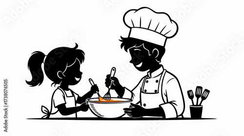Child cooking with chef and mixing batter in a bowl together  