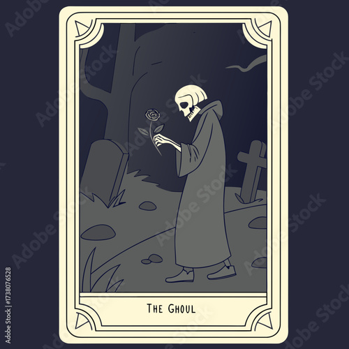 Skeleton ghoul holding rose in graveyard tarot card