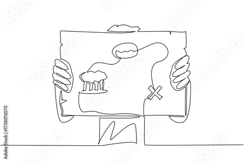 Continuous one line drawing person holding treasure map sheet with the map image facing forward. Have a fun day. The excitement National Scavenger Hunt Day. Single line draw design vector illustration