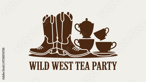 Trendy wild west tea party graphic with cowboy boots and teacups for unique event invitations and party themes perfect for fun celebrations