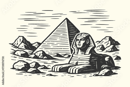 Vintage engraving of the Great Sphinx and pyramid in Egypt, ancient architecture in desert landscape.