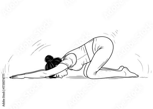 Woman in Extended Child's Pose, Balasana. A restorative yoga asana for back stretching and relaxation. Minimalist line art illustration for wellness and calm.


