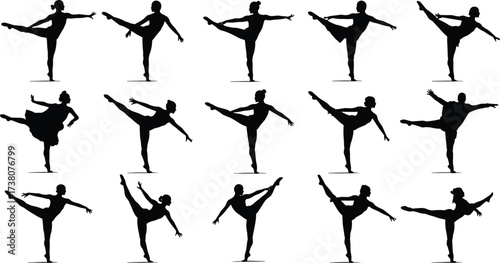 Silhouette collection of ballet dancers performing leg extension poses, elegant female dance movement, flexibility, balance, artistic performance, isolated black illustration for choreography, fitness