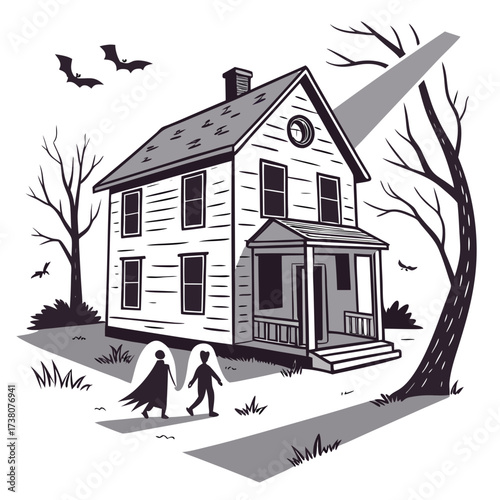 Spooky house with bats and figures walking haunted house
