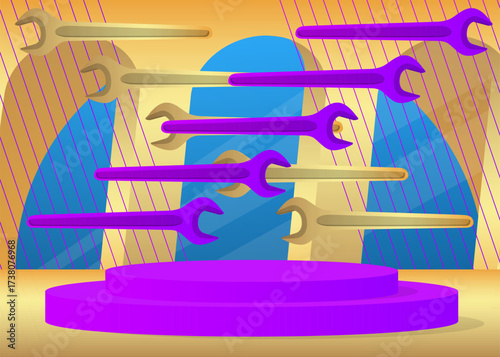Mockup product display with  Wrench. Vector cylinder pedestal podium. Stage showcase for presentation. Minimal geometric forms.