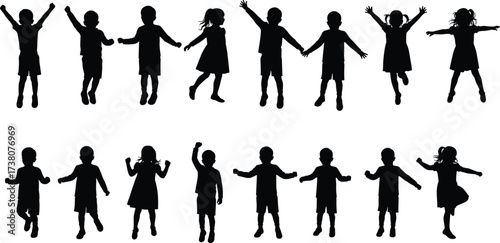 Silhouette collection of children holding hands, jumping, playing, dancing, isolated on white background, joyful kids figures, happy childhood activity vector illustration