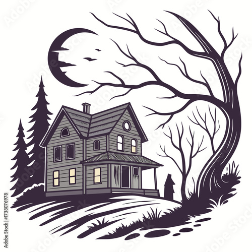 Spooky house under a crescent moon with bare trees