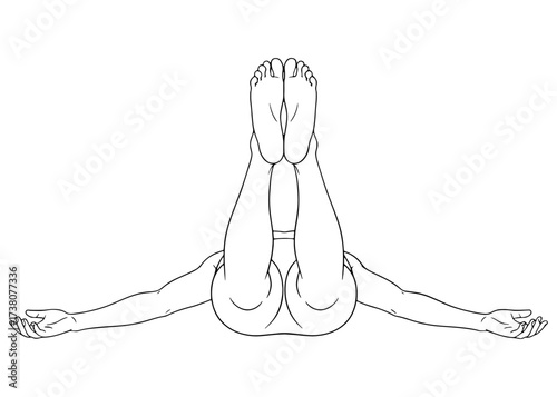 Woman in a supine yoga pose for a deep hip and inner thigh stretch. Line art of a flexibility exercise like Ananda Balasana. Fitness and wellness vector.

