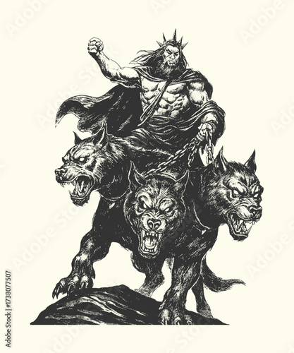 Dark fantasy illustration of Hades riding Cerberus, the three-headed hellhound, powerful and mythological concept.