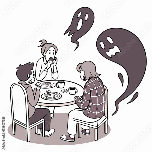 Three people at a table with two ghosts nearby family
