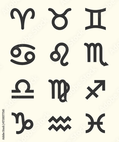Collection of zodiac symbols in clean vintage vector design, representing astrology, horoscope, and star signs.