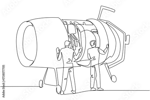 Continuous one line drawing 2 aircraft technicians dismantle the side of an aircraft engine. Carefully maintained. Aviation Maintenance Technician Day. Single line draw design vector illustration