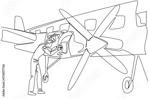 Continuous one line drawing aircraft technician dismantles aircraft propeller engine. Regular maintenance before flying Aviation Maintenance Technician Day. Single line draw design vector illustration