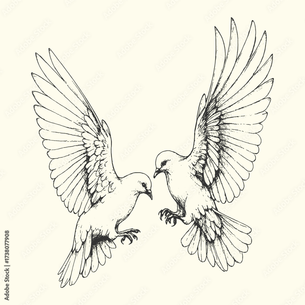 Obraz premium Elegant sketch of two doves in flight, symbol of peace, love, and harmony in vintage illustration style.