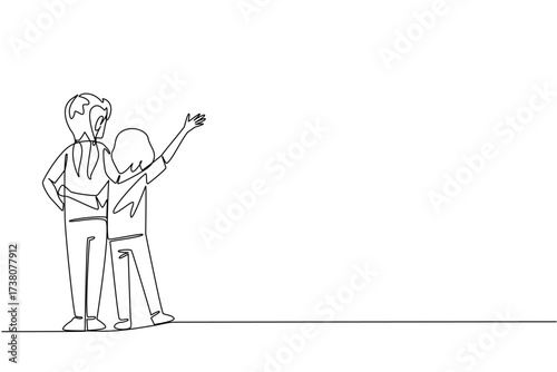 Single one line drawing rear view, two little sisters standing embracing each other. Always get along wherever. The protector. Loving. Day of Brother. Continuous line design graphic illustration