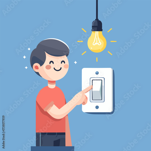 Cartoon Man Turning on Light Switch with Glowing Bulb on Blue Wall