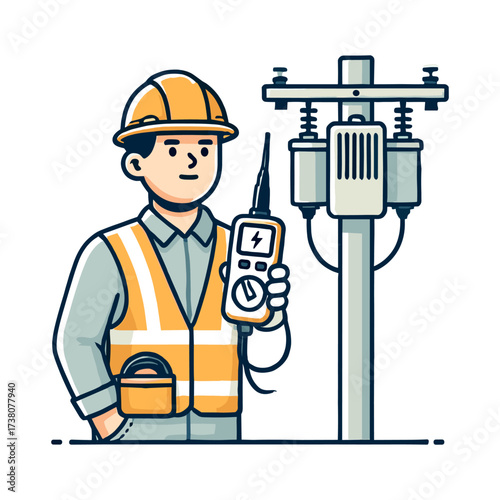 Cartoon Character Lineman with Safety Helmet Inspecting Electrical Equipment with White Background