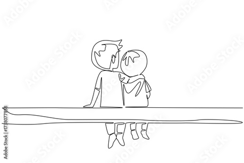 Single continuous line drawing two brothers boys sitting on the wood. Always look after the younger sibling with love. Loving. Caring. Happiness. Day of Brother. One line design vector illustration