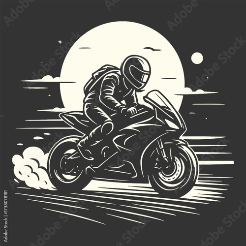 Illustration of motorbike rider speeding under the moonlight, dynamic engraving style.