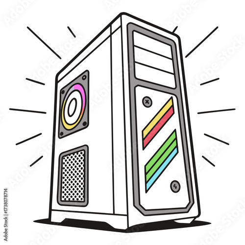 White desktop computer tower with colorful R G B lights
