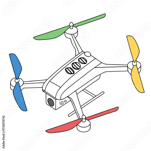 White drone with colorful propellers isolated on white