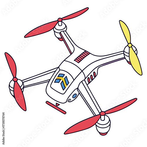 White drone with red and yellow propellers quadcopter