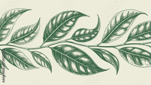Elegant botanical tea leaves design element perfect for natural product packaging, creating a fresh, eco conscious brand with a vintage flair