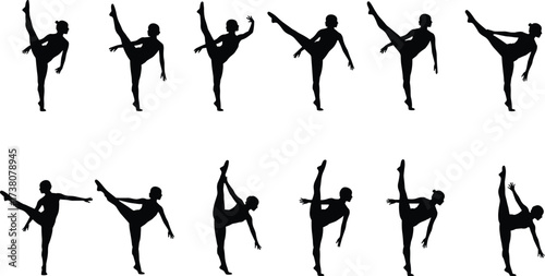 Silhouette collection of female ballet dancers performing leg extension poses, elegant dance movement, flexibility training, artistic performance, isolated black illustration for fitness, choreography