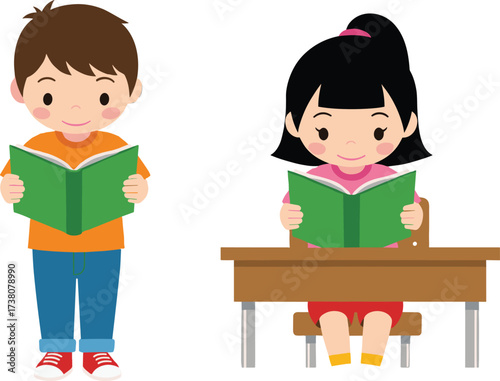 Cartoon children reading books in classroom setting, educational vector illustration for school learning, study habits, and early childhood development