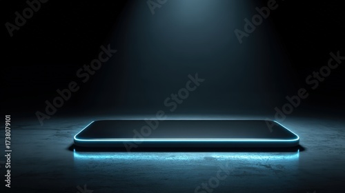 Cyber Monday minimalist landing page hero mock: product silhouette, glow edge, dark backdrop, big copy space, premium tech vibe