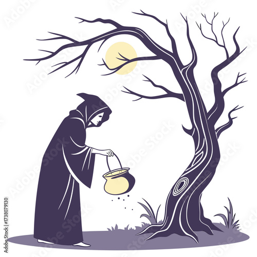Witch in dark robe offers glowing pot under bare tree and moon