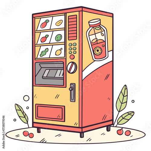 Yellow and coral juice vending machine with fruit images