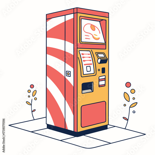 Yellow and coral ticket vending machine with graphic design