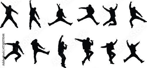 Silhouette collection of male dancers in dynamic jump poses, hip hop dance, street style performance, expressive body movement, isolated black illustration for fitness, creativity design