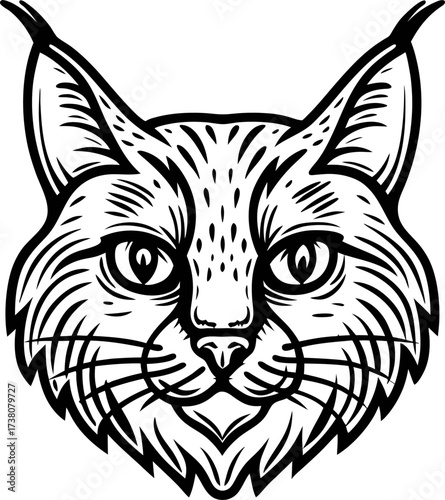 Wild lynx face illustration in black and white hand drawn wildcat head with detailed fur and intense expression
