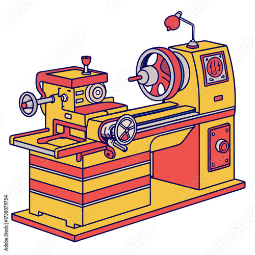 Yellow and red lathe machine vector illustration industrial