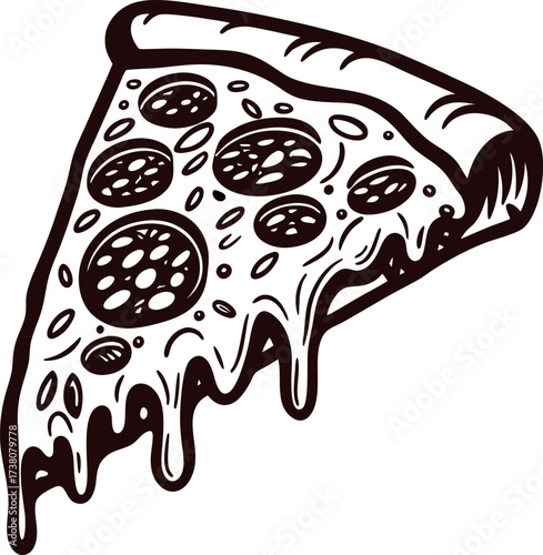 Melting cheesy pepperoni pizza slice illustration with detailed hand drawn toppings and crust
