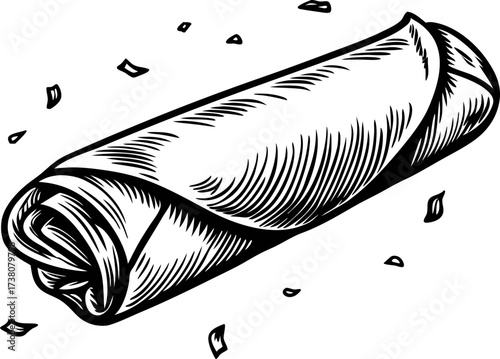 Hand drawn burrito illustration in vintage engraved style, detailed tortilla wrap isolated on white background