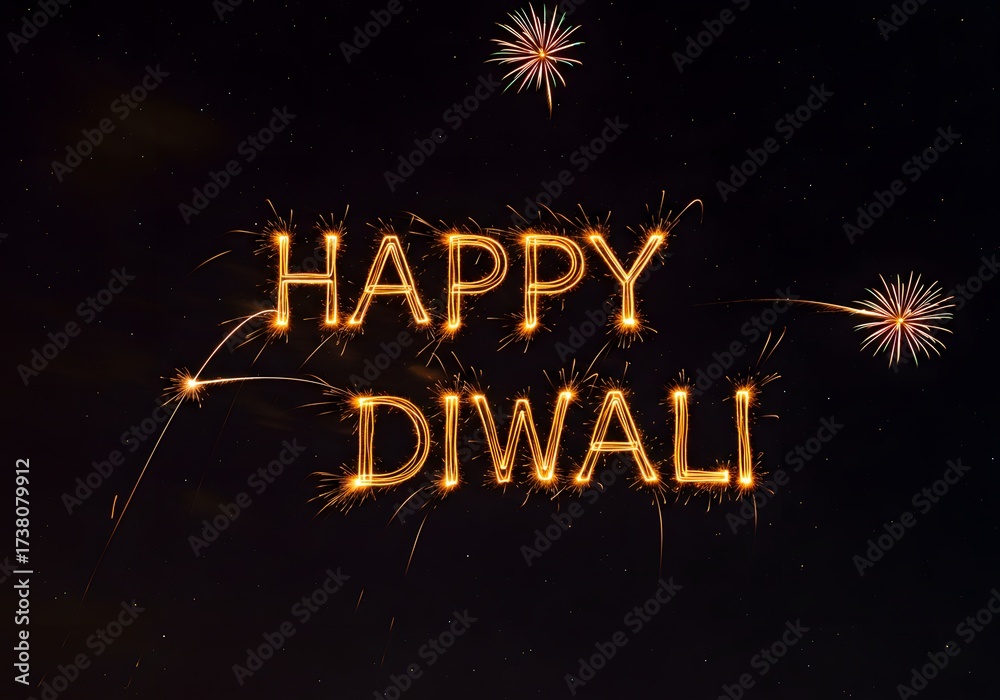 Fototapeta premium Happy diwali text formed by bright orange sparklers against a dark night sky, with small bursts of fireworks adding to the festive atmosphere