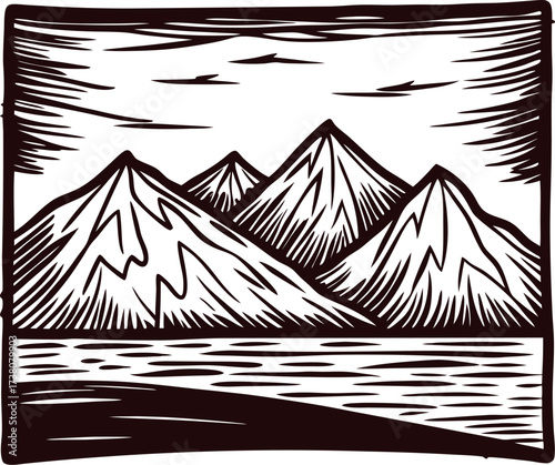 Hand drawn mountain landscape with water and clouds in vintage engraved illustration