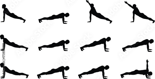 Silhouette collection of man doing push up exercise, fitness workout positions, body strength training, gym sport routine, isolated black vector illustration set