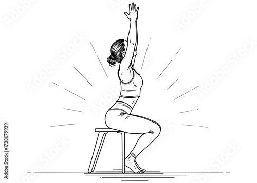 Woman practicing Chair Yoga. An adaptive Utkatasana or Chair Pose for office workers, seniors, or beginners. Line art illustration for accessible fitness and wellness.

