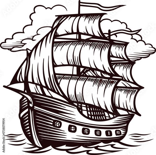 Hand drawn vintage sailing ship with detailed sails and rigging in black and white line illustration