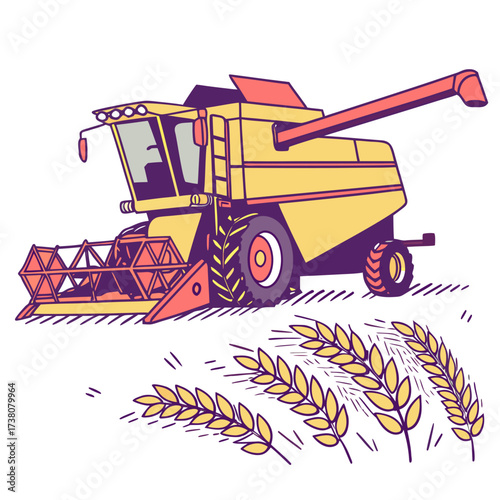 Yellow combine harvester in field with wheat stalks