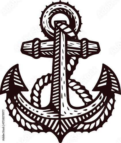 Hand drawn vintage anchor with rope illustration isolated on white background, detailed nautical black line art