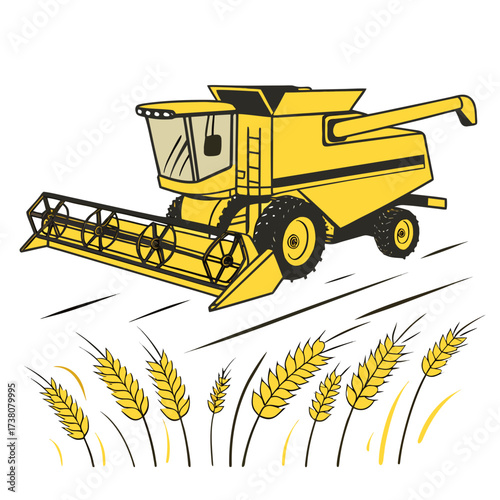 Yellow combine harvester in wheat field vector agriculture