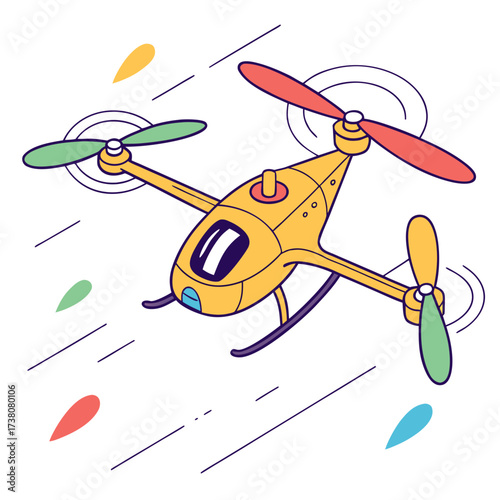 Yellow drone with colorful propellers flying quadcopter