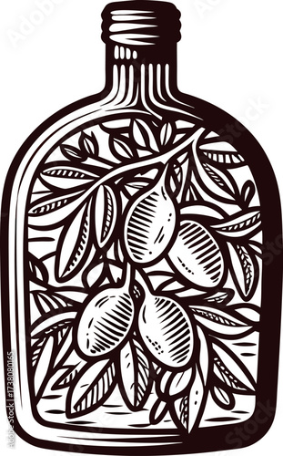 Hand drawn olive oil bottle with olive branches and fruits in vintage engraved illustration